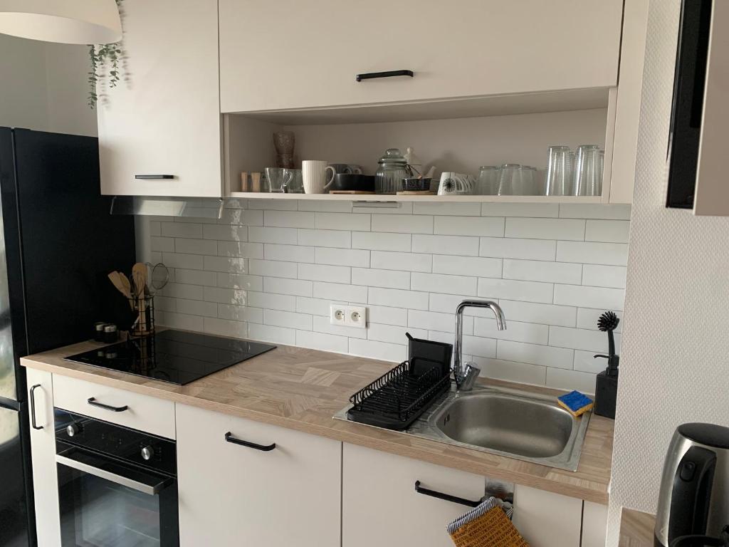 une cuisine avec un évier et un plan de travail dans l'établissement Appartement 50m2 Caen, à Caen