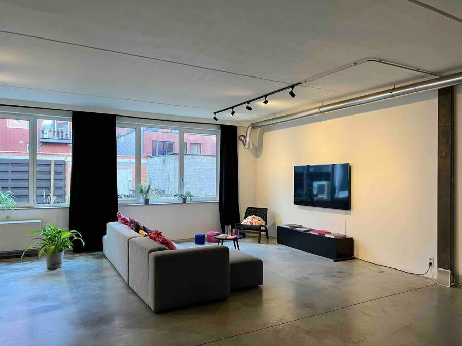 sala de estar con sofá y TV en Loft Antwerp - Eilandje, en Amberes