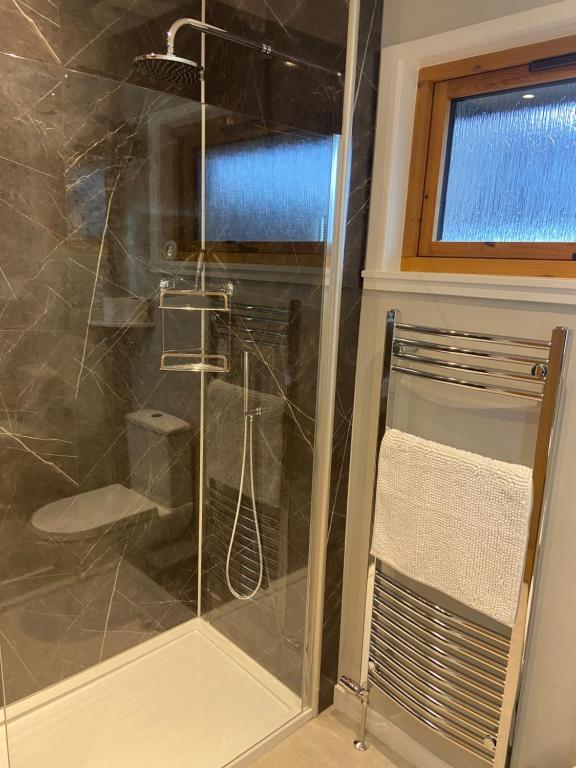 a shower with a glass door in a bathroom at Cathwill - Cosy 4 Star Cottage - Cairngorm National Park in Newtonmore