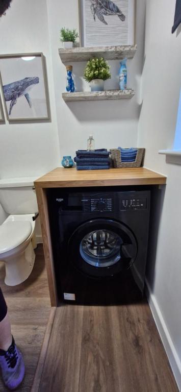 a washing machine in a bathroom with a toilet at Seaview cosy 2 bed home in Lamlash in Lamlash
