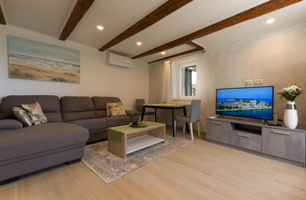 uma sala de estar com um sofá, uma televisão e uma mesa em Stancia Rosa - cozy apartment em Poreč