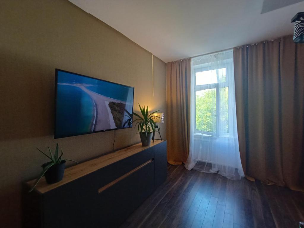 sala de estar con TV y ventana en Penthouse Noe, en Kluczbork