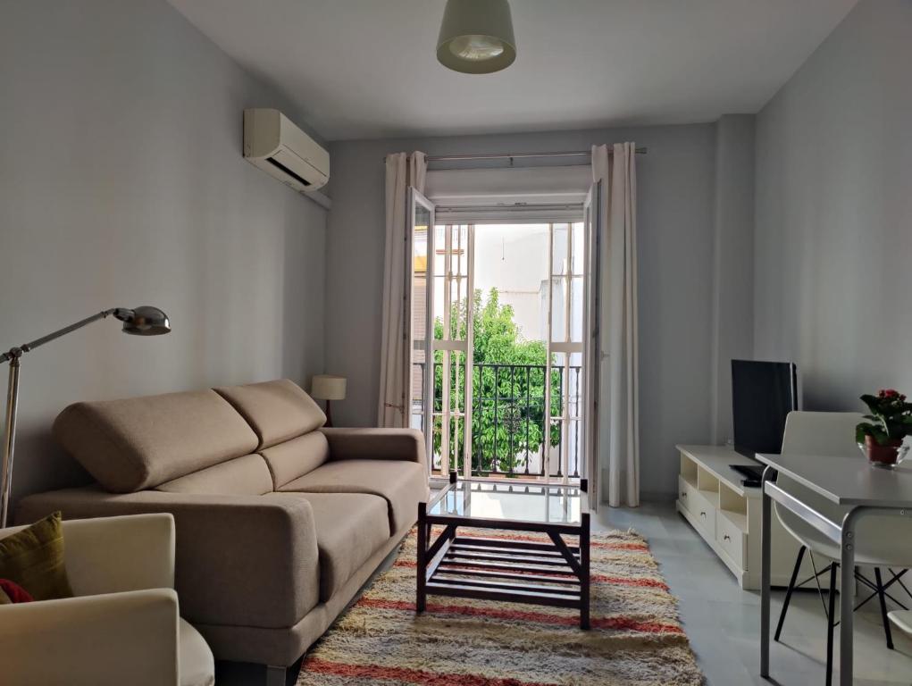 Hotel Luminoso Apartamento Exterior con Balcón y Patio en Centro Histórico Feria-Alameda, a living room with a couch and a table at Luminoso Apartamento Exterior con Balcón y Patio en Centro Histórico Feria-Alameda in Seville