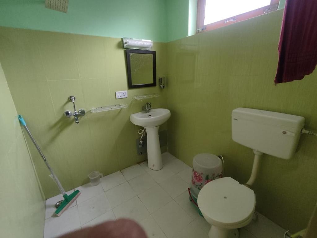 bagno verde con servizi igienici e lavandino di Dream villa a Leh