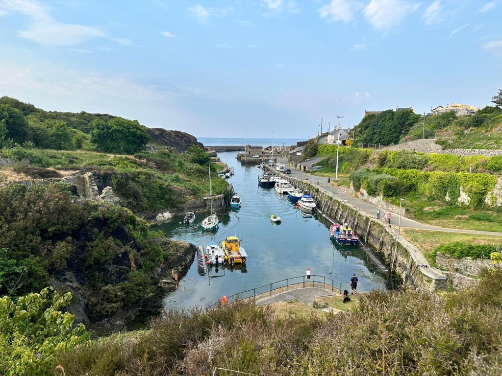 a group of boats in a river next to a hill at The Snug in Amlwch