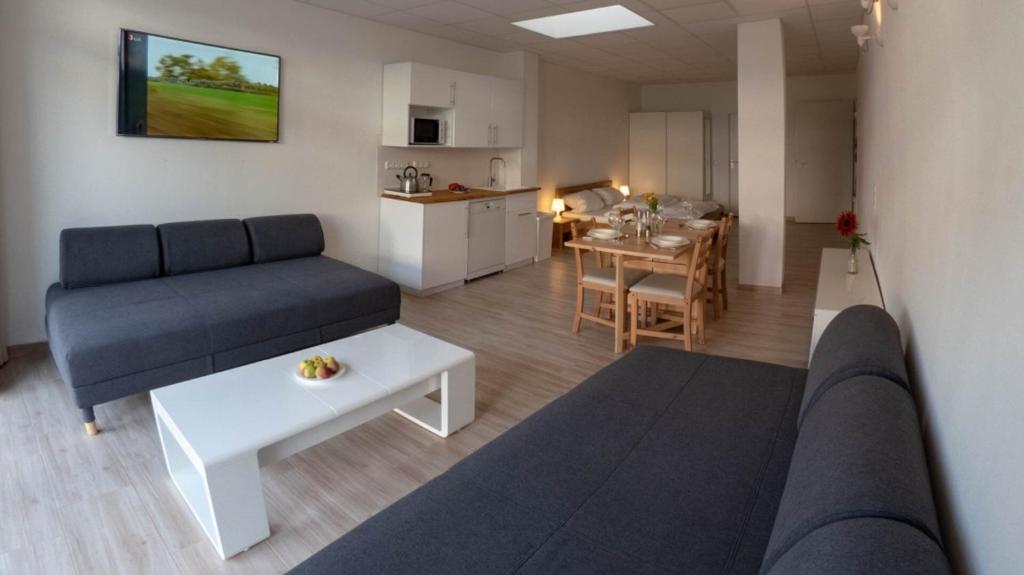 een woonkamer met een bank en een tafel en een keuken bij Eleonoras Ferienwohnung in Würzburg Stadt mit Terrasse und eigenen Parkplätzen vor der Tür, für große Gruppen bis zu 13 Personen geeignet in Würzburg