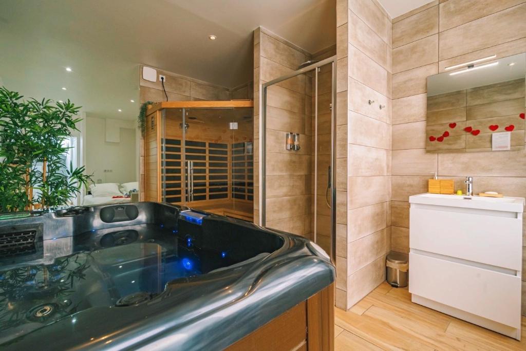 Kúpeľňa v ubytovaní Spa appartement O temps suspendu Reims centre sauna et jacuzzi