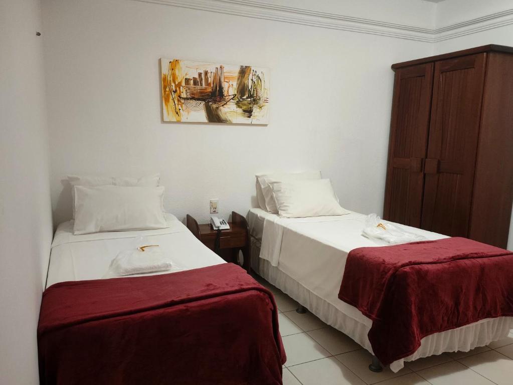 ein Schlafzimmer mit 2 Betten und einem Wandgemälde in der Unterkunft Machado´s Plaza Hotel in Belém