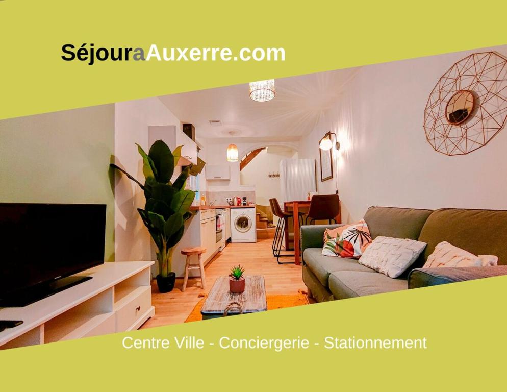 ein Wohnzimmer mit einem Sofa und einem TV in der Unterkunft Home cocooning au cœur du vignoble Tonnerrois in Tonnerre