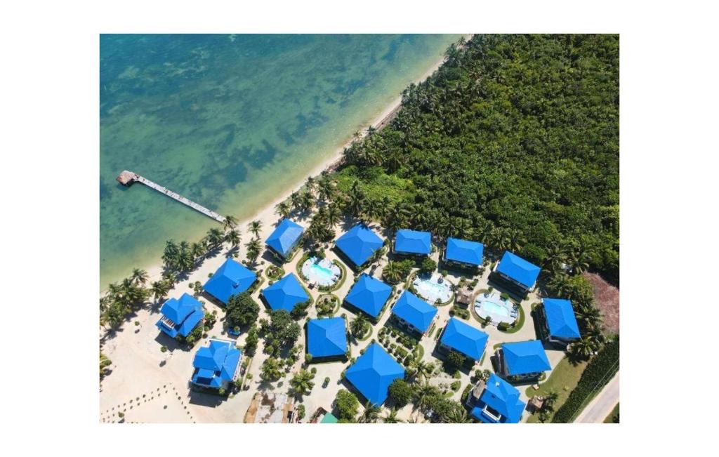 eine Luftansicht eines Resorts mit blauen Sonnenschirmen in der Unterkunft Sapphire Beach Condo in San Pedro