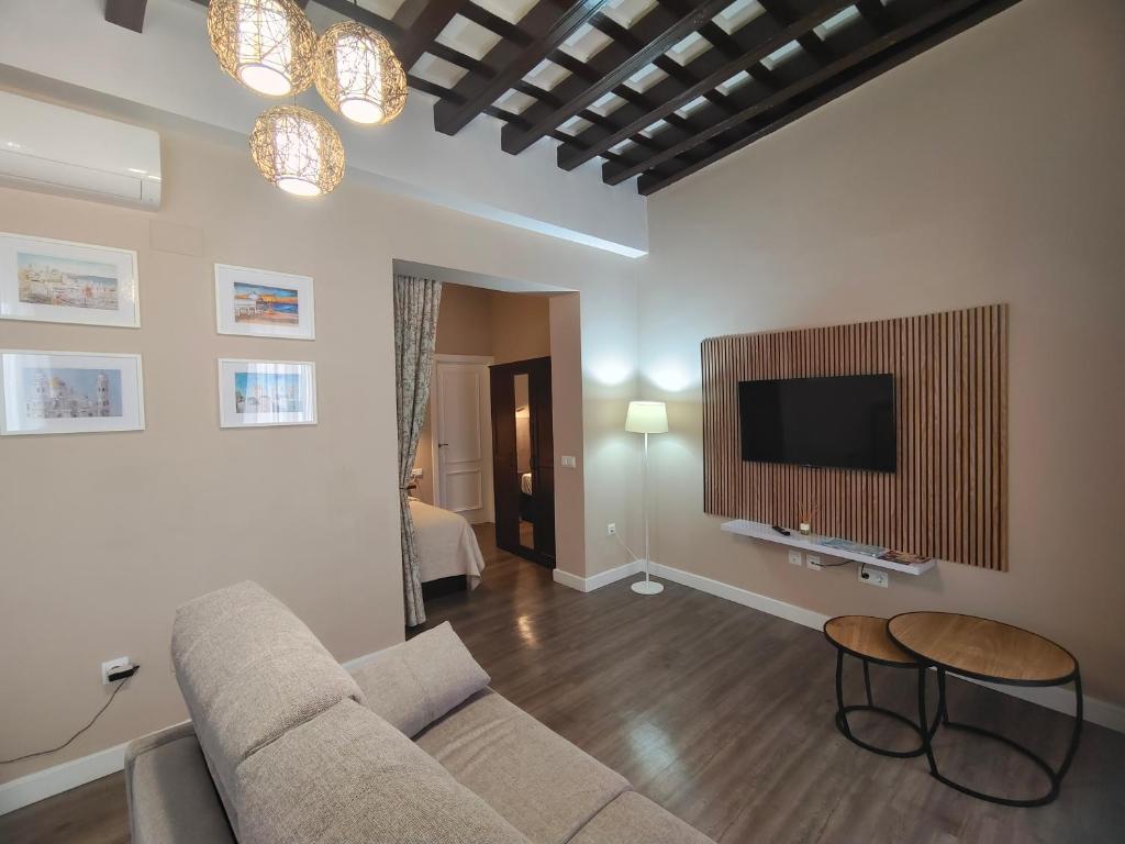 een woonkamer met een bank en een flatscreen-tv bij La Viña (centro histórico) in Cádiz