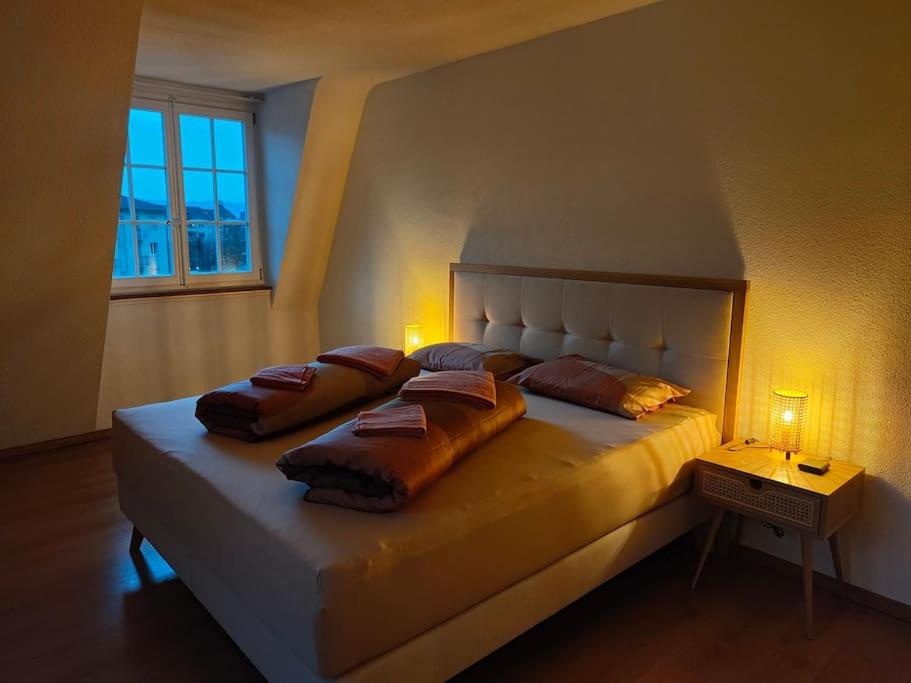 a bedroom with a large bed with two pillows on it at Stadt nah, Modern, bequem, in Thun