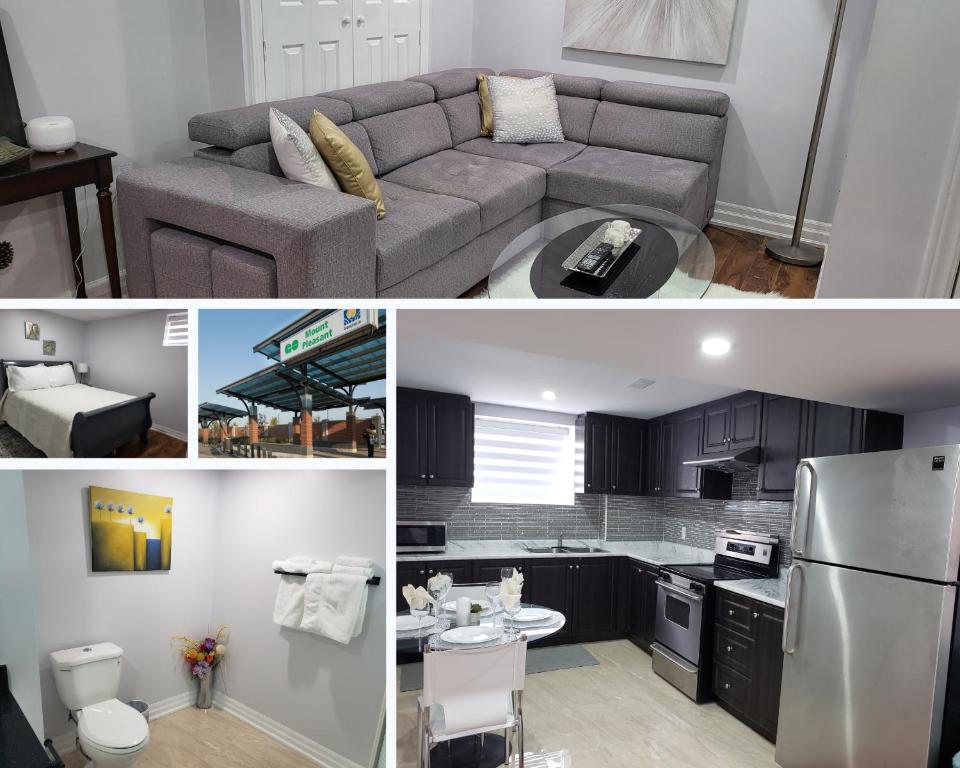 uma cozinha e uma sala de estar com um sofá cinzento em Luxurious 1BR-1BA Apartment Bright Spacious with free parking em Brampton