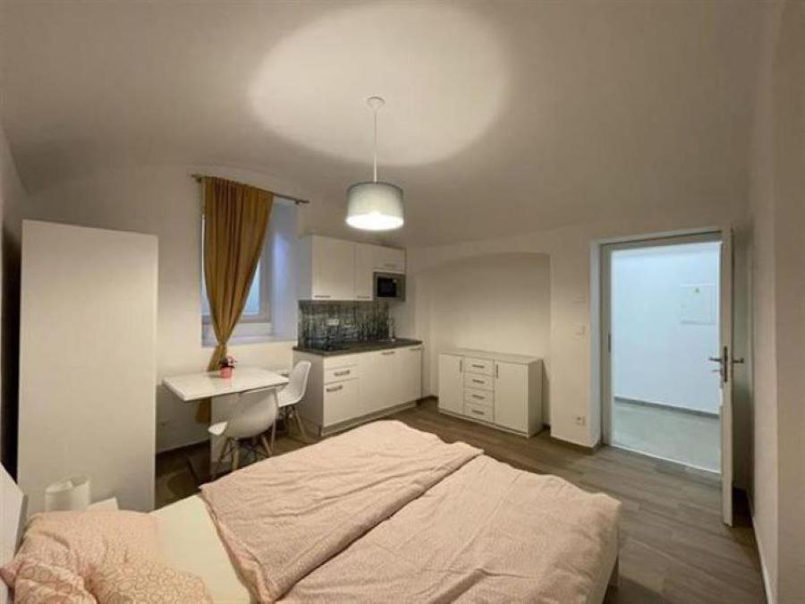 um quarto com uma cama, uma secretária e uma cozinha em Nice flat in centrum Prague 1 Washingtonova em Praga