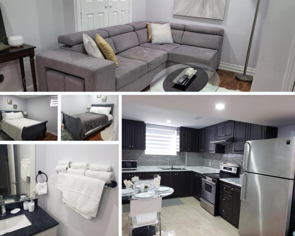 a kitchen and a living room with a gray couch at Luxurious Apt 2BRs-1BA Spacious Modern, with free parking in Brampton