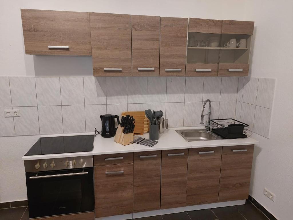 a kitchen with wooden cabinets and a sink at L8 Street - Hellmut-Hartert-Straße in Kaiserslautern