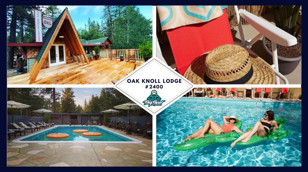 un collage de fotos de una piscina en un complejo en 2400-Oak Knoll Lodge cabin en Big Bear Lake