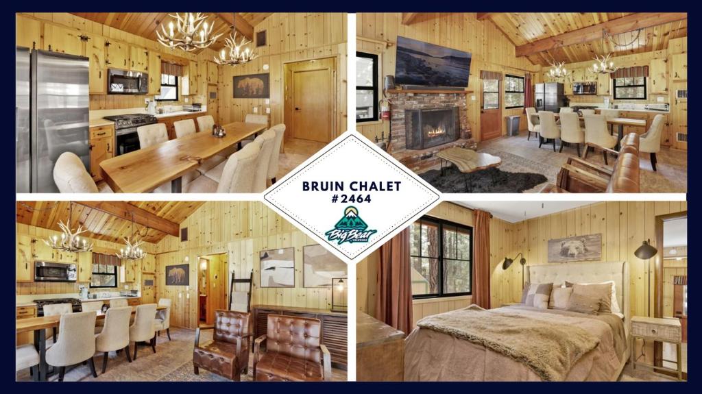 2464-Bruin Chalet cabin في بيغ بير لاكي: ثلاث صور لغرفة نوم وغرفة طعام في كابينة خشب