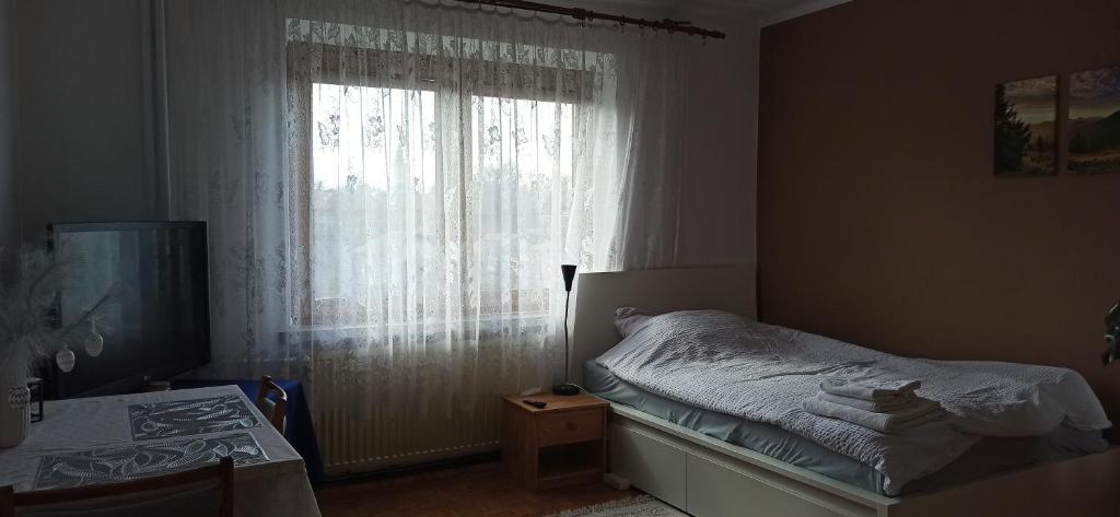 Pokój blisko centrum في بييلسكو بياوا: غرفة نوم بسرير ونافذة مع ستائر