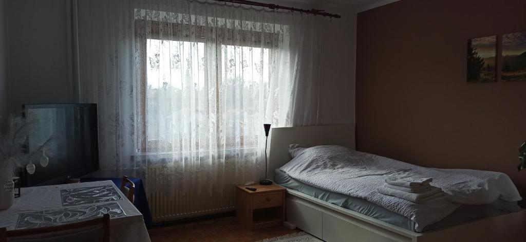 a bedroom with a bed and a window with curtains at Pokój blisko centrum in Bielsko-Biala