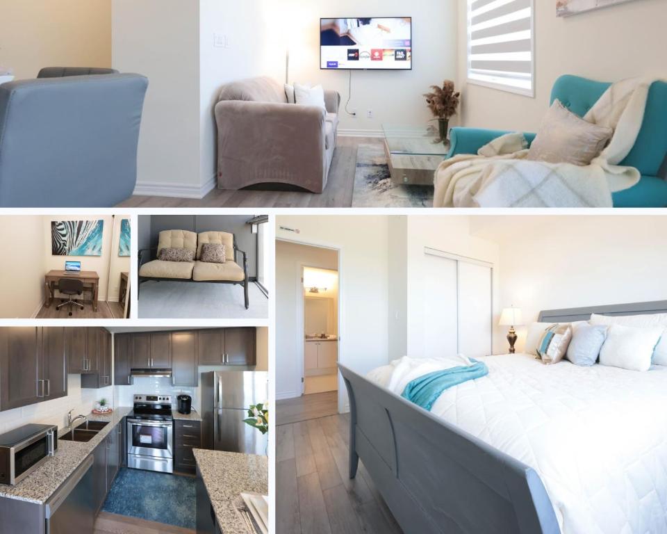 a collage of photos of a bedroom and a living room at Luxurious Condo Apartment 1BR-1BA-1Office free parking in Brampton