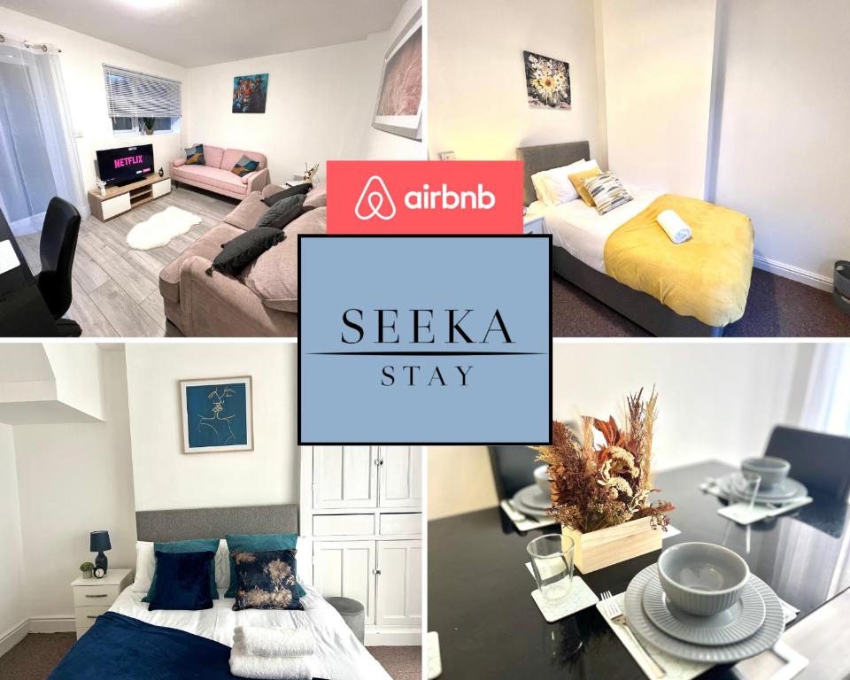 a collage of photos of a bedroom and a living room at Spacious 5-bed house in Coventry by Seeka Stay, Ideal for business, Sleeps 7! in Exhall