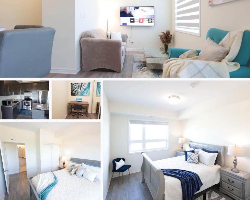 a room with two beds and a living room at Luxurious Condo Apartment 2BRs-1BAs-1Office with free parking in Brampton