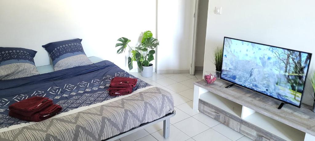 - une chambre avec une télévision à écran plat et un lit dans l'établissement Charmant Studio Cannes Centre - Idéal Vacance et congrés, à Cannes