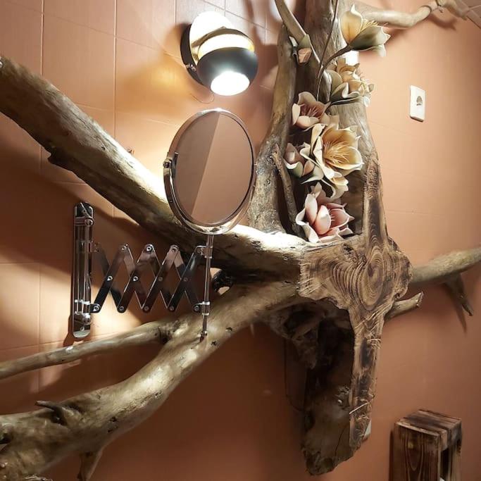 a fake tree branch with a mirror on a wall at La petite souche in Rochefort