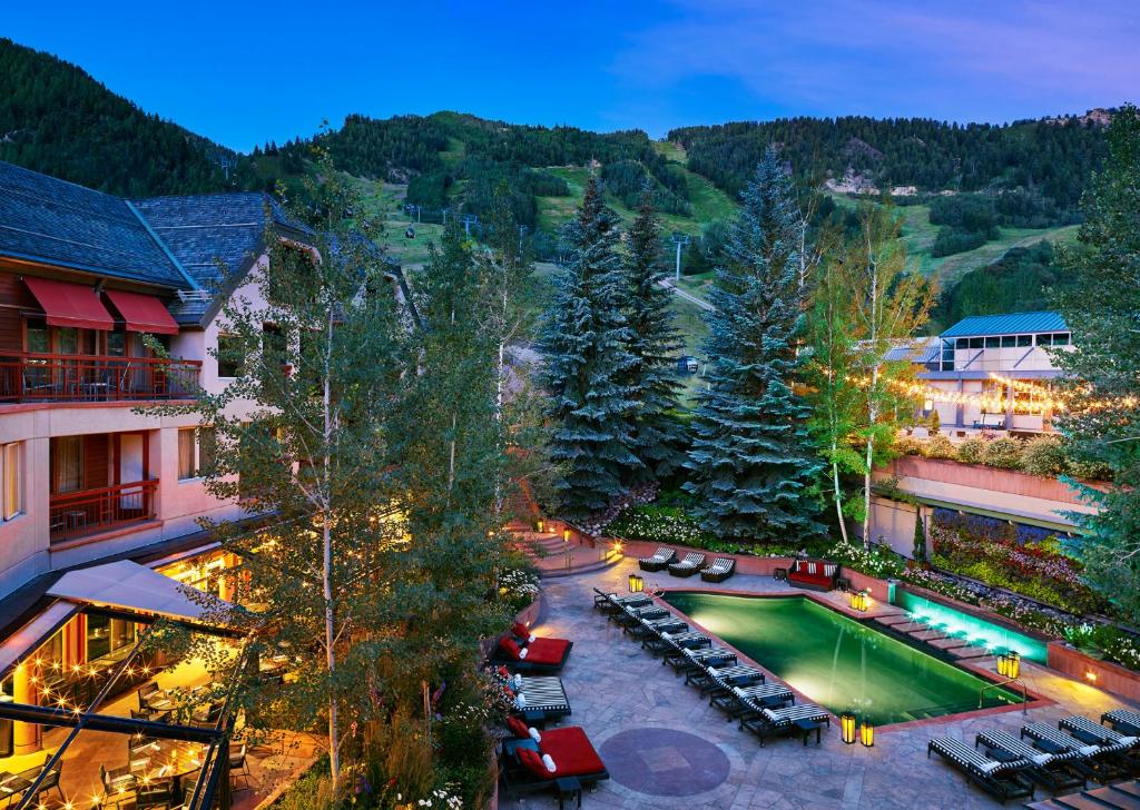 an aerial view of a resort with a swimming pool at The Little Nell in Aspen