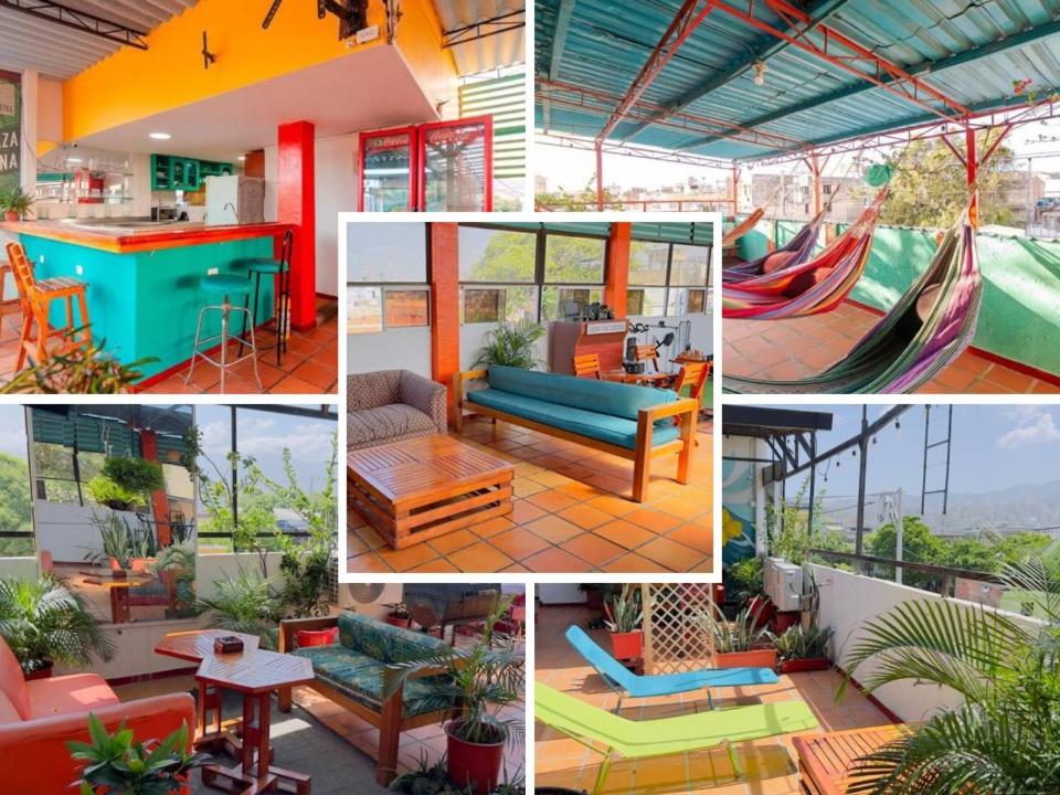 a collage of photos of a house with furniture and a hammock at Aparta Hotel Bacano Historico in Santa Marta