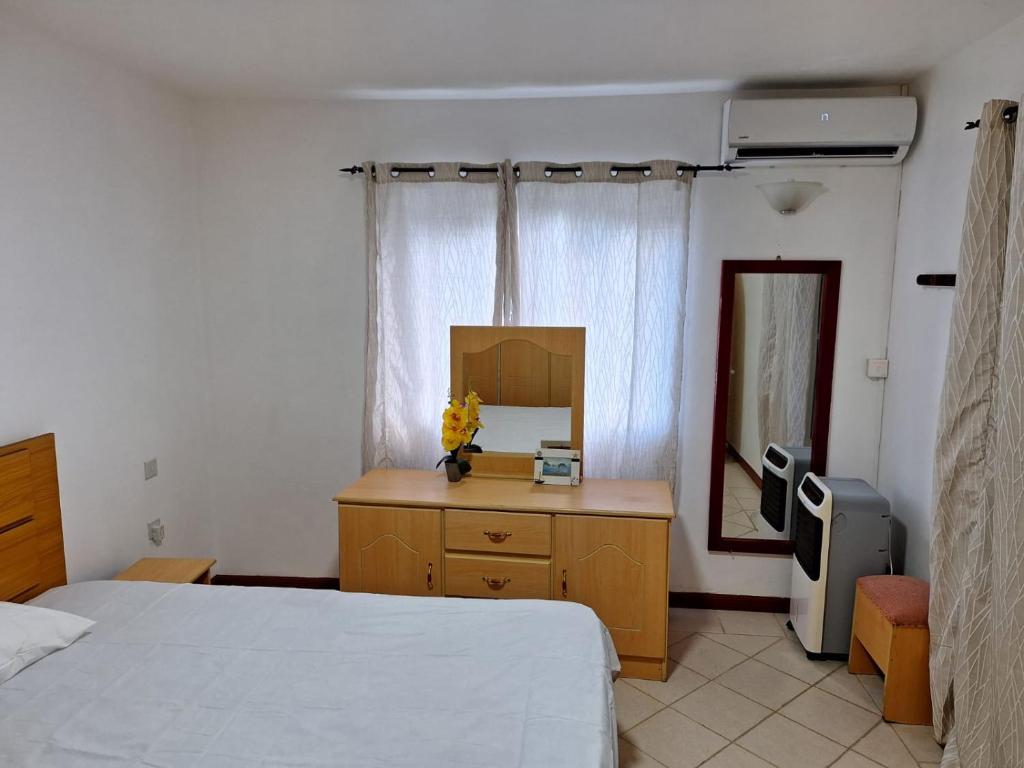a bedroom with a bed and a dresser and a mirror at Sea Lilly Beach in Palmar