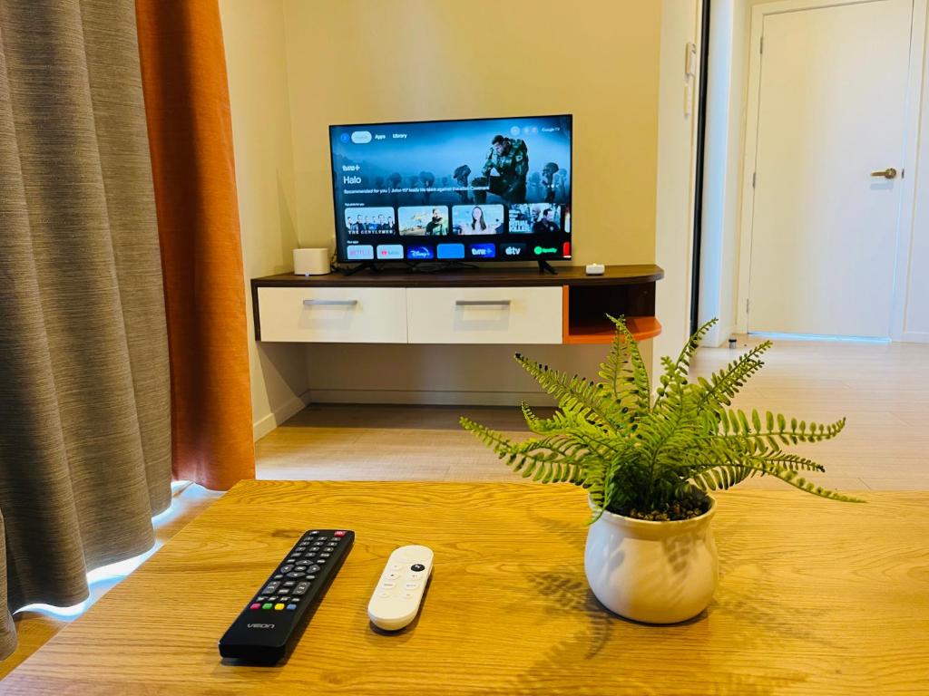a living room with a television and a plant on a table at Modern Comfy 3 Bedrooms House in Chartwell in Hamilton