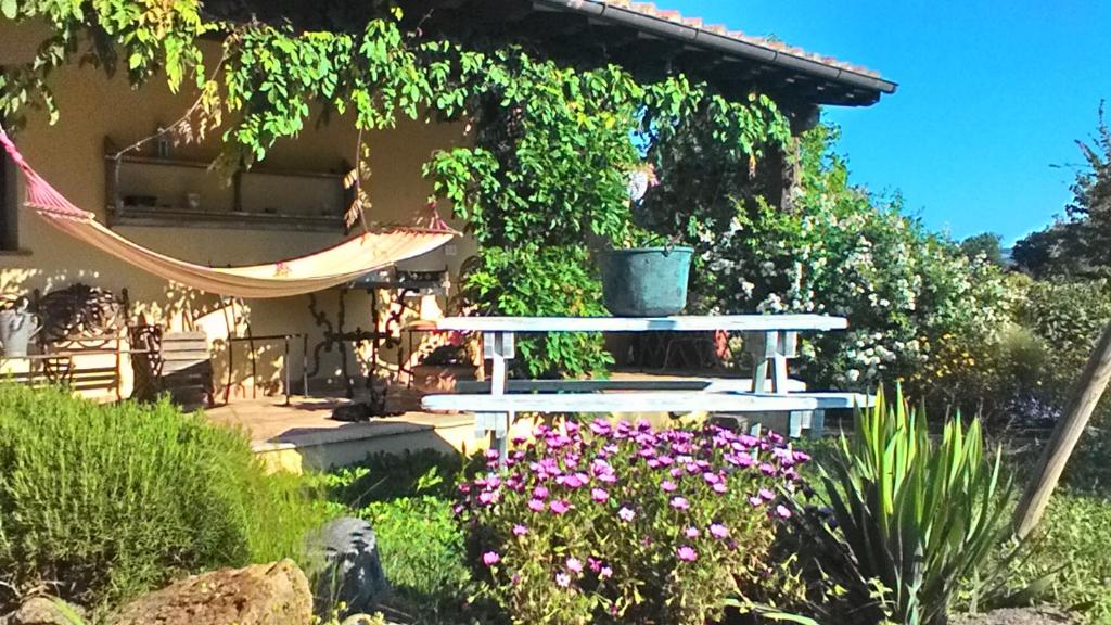 a hammock in front of a house with flowers at Il Mandorlino Pitigliano appartamento in tipico casale maremmano con portico e giardino in Pitigliano