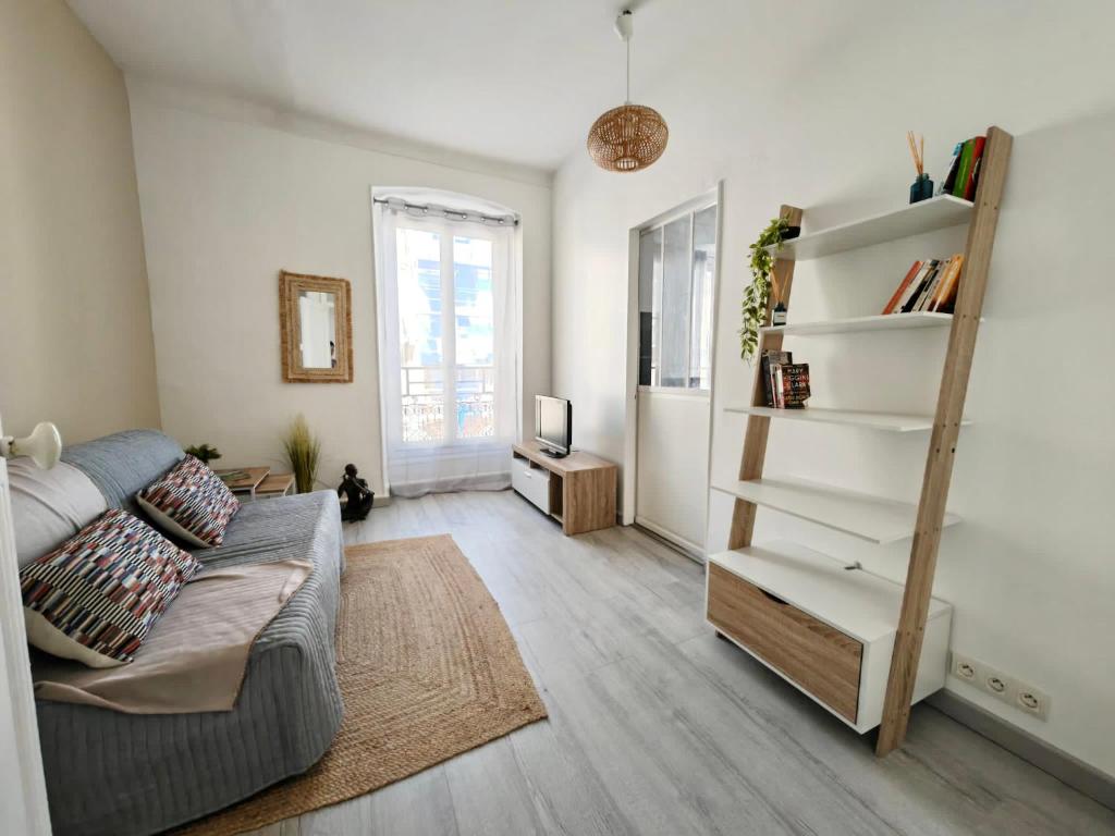 een woonkamer met een bank en een boekenplank bij 11 Trachel - Charmant T2 spacieux à proximité de gare Thiers in Nice