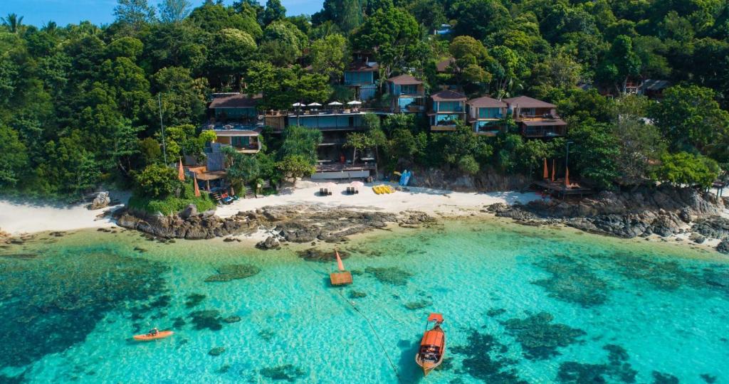 an aerial view of a resort on a beach at The Cliff Lipe in Ko Lipe