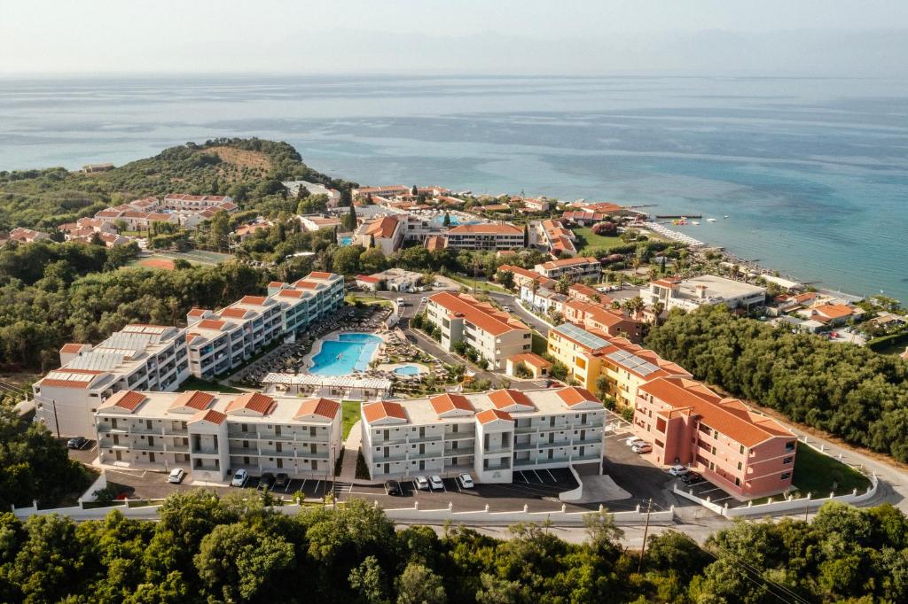 an aerial view of the resort and the ocean at Robolla Beach Aparthotel in Roda