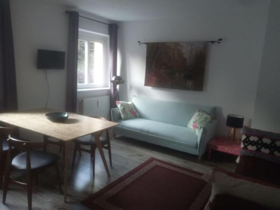sala de estar con sofá y mesa en ELBENLAND SÄCHSISCHE SCHWEIZ II - Komfortable 2-Raum-Wohnung im Herzen der sächsischen Schweiz en Sebnitz