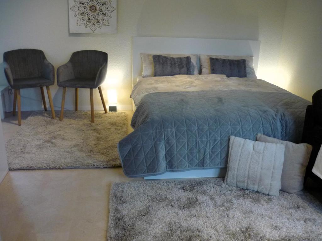 ein Schlafzimmer mit einem Bett und zwei Stühlen darin in der Unterkunft Bungalow Oase der Ruhe in Lobbe