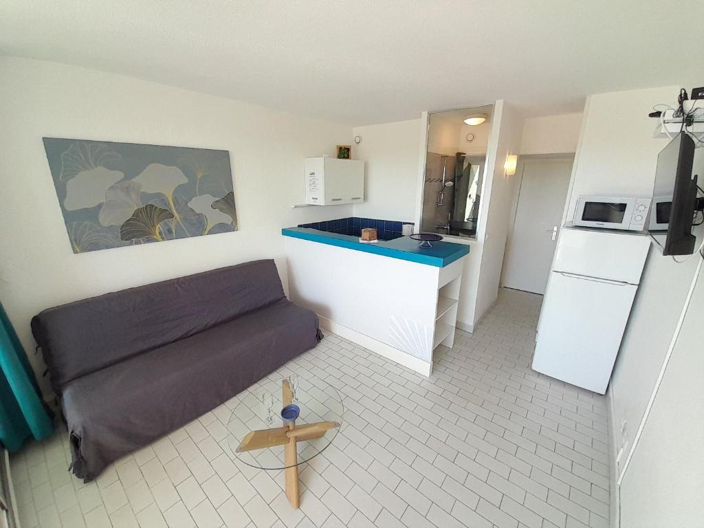 Il comprend une petite cuisine avec un canapé et un réfrigérateur. dans l'établissement Appartement Village Naturiste Lagon, au Cap d'Agde