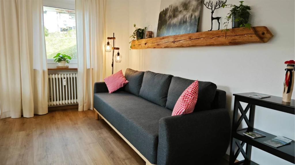 sala de estar con sofá y ventana en Schwarzwaldraum Schlossblick, en Hornberg
