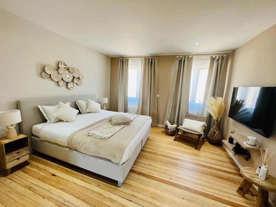 ein Schlafzimmer mit einem großen Bett und einem Flachbild-TV in der Unterkunft Appartement bohème avec bain balnéo in Lüttich