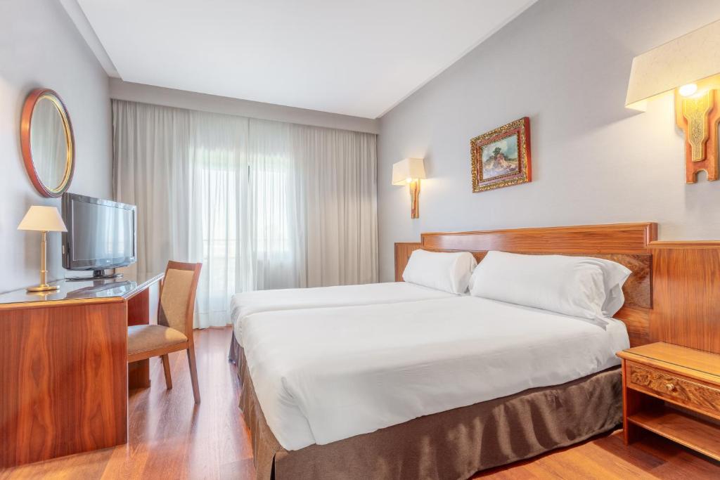 サンタ・マルタ・デ・トルメスにあるCrisol Regioのベッドとテレビが備わるホテルルームです。