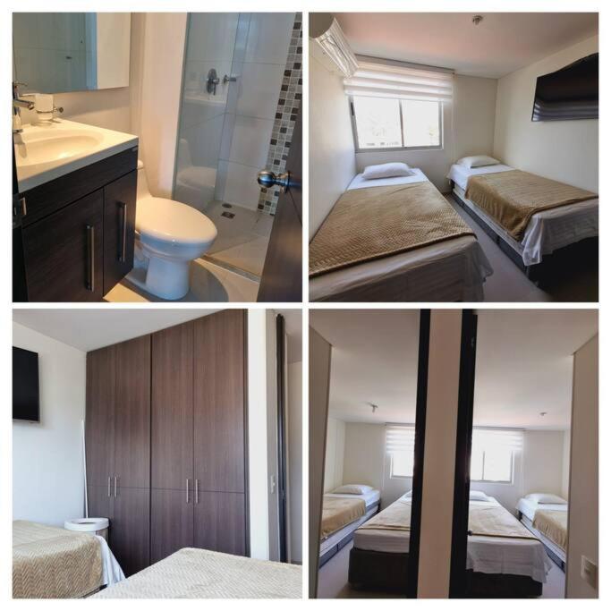 four pictures of a bathroom with two beds and a sink at apartamento 1107 in Rodadero