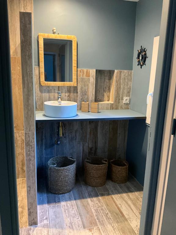 a bathroom with a sink and a mirror and baskets at Chambres d&#39;hôtes Le Montagné in Villeneuve-lès-Avignon