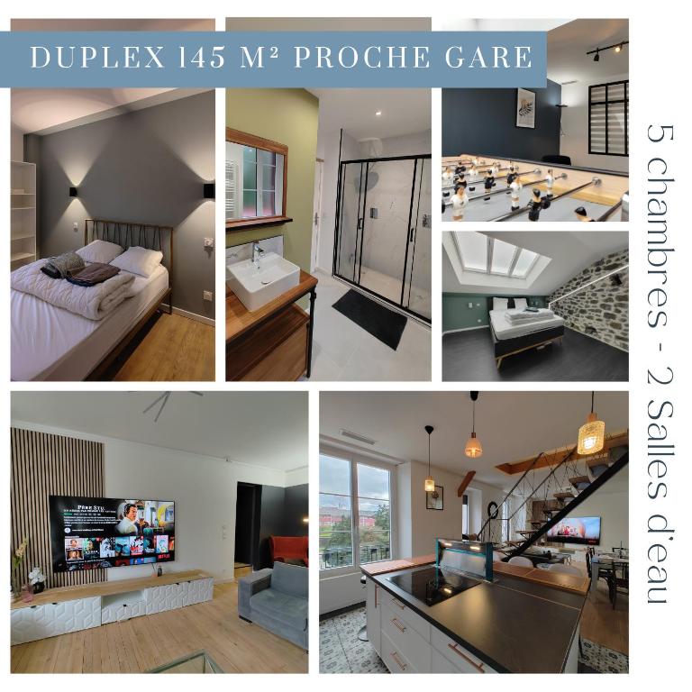 un collage de quatre photos d'une chambre d'hôtel dans l'établissement Magnifique Duplex de 135 m2 pour vos séjours jusqu'à 10 à Lourdes, à Lourdes