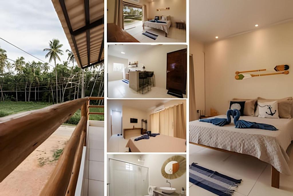 un collage de fotos de un dormitorio y una habitación en Flats Japaratinga - a 200m da praia com varanda, en Japaratinga