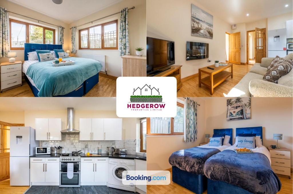 a collage of photos of a kitchen and a bedroom at Charming 2-Bedroom Home in Truro By Hedgerow Properties Limited in Truro