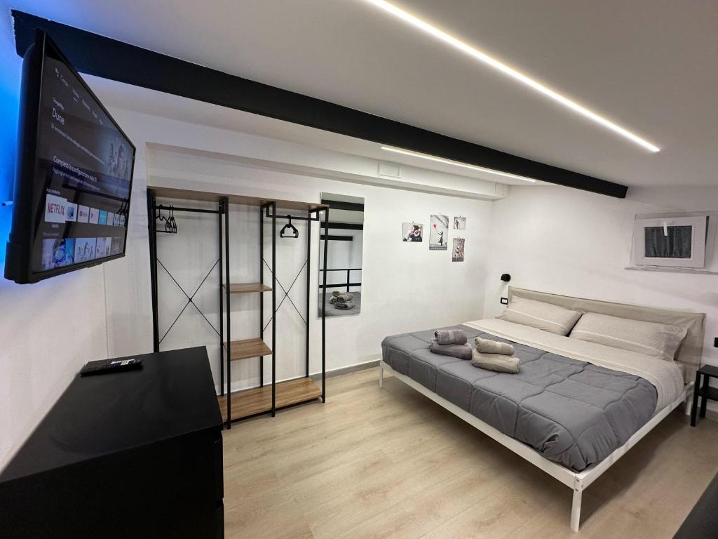 Schlafzimmer mit einem Bett und einem Flachbild-TV in der Unterkunft Palermo Hub in Palermo
