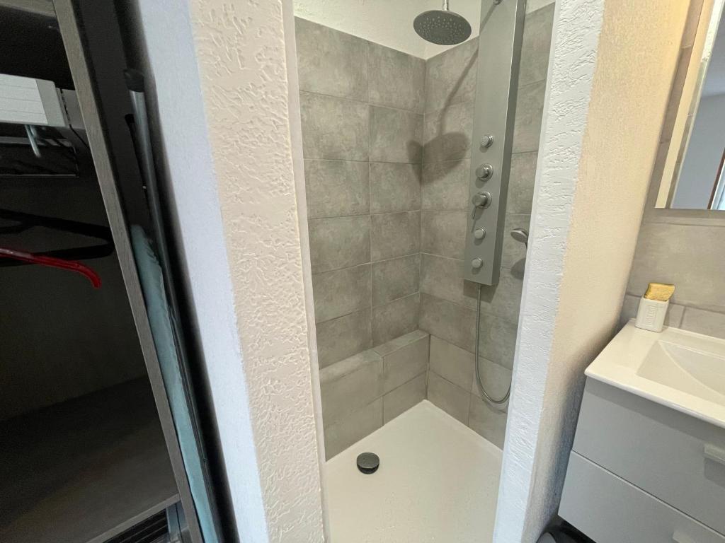 a shower with a glass door next to a sink at APPARTEMENT HYPER CENTRE numéro 101 in Roanne